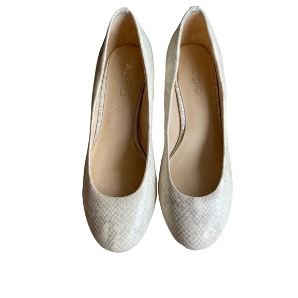 Aldo Cream and Tan Snakeskin Print Low Wedge Shoes Size 8 - Picture 2 of 8
